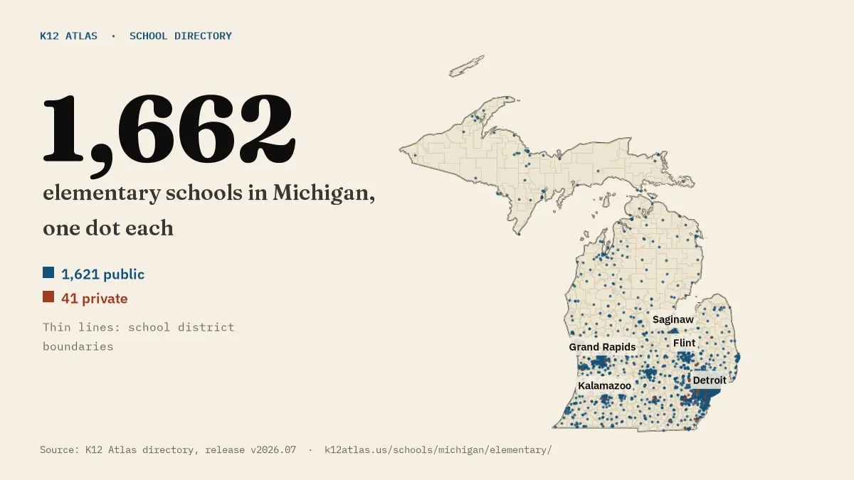 Map of Michigan with one dot for each of its 1,662 mapped elementary schools, over school district boundaries.