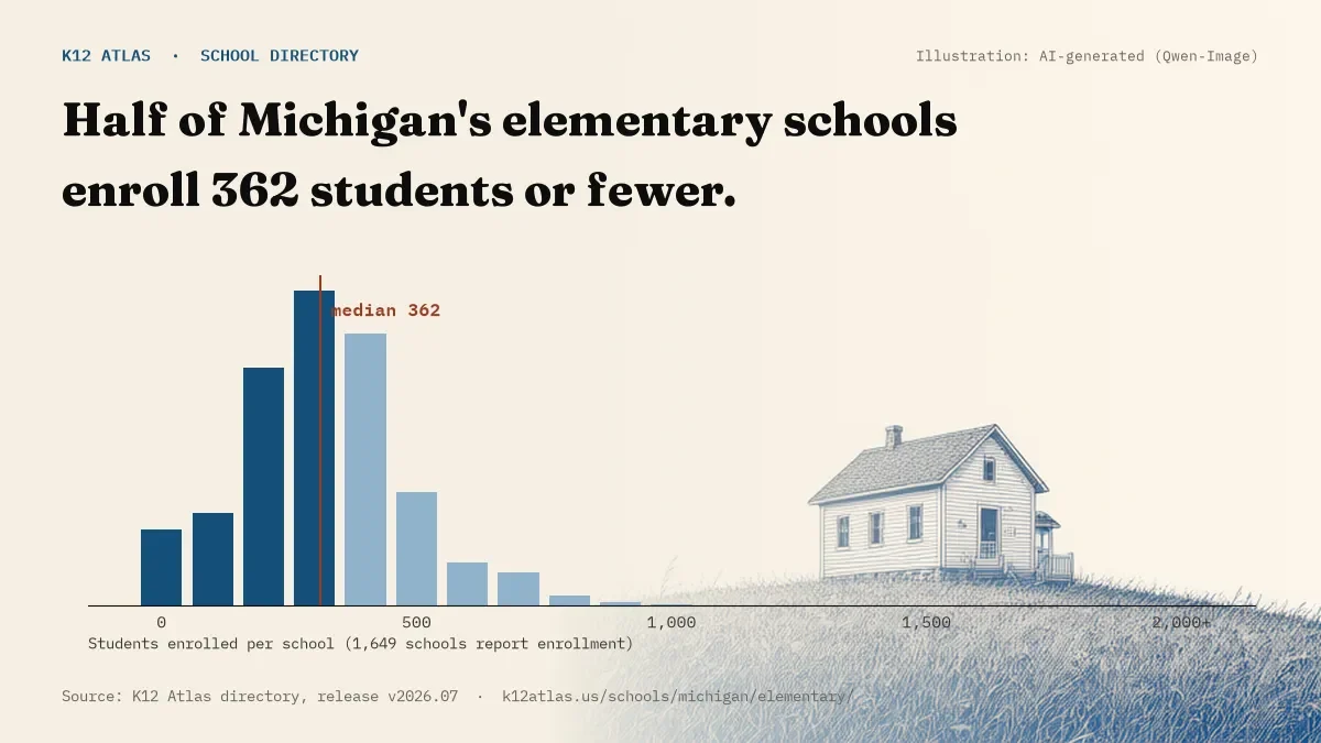 Histogram of enrollment: half of Michigan's elementary schools enroll 362 students or fewer (1,649 schools report enrollment).