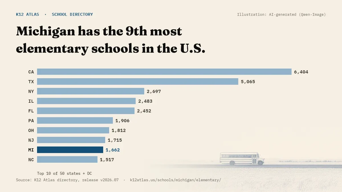 Bar chart of the states with the most elementary schools: Michigan has the 9th most of the 50 states and DC, with 1,662.
