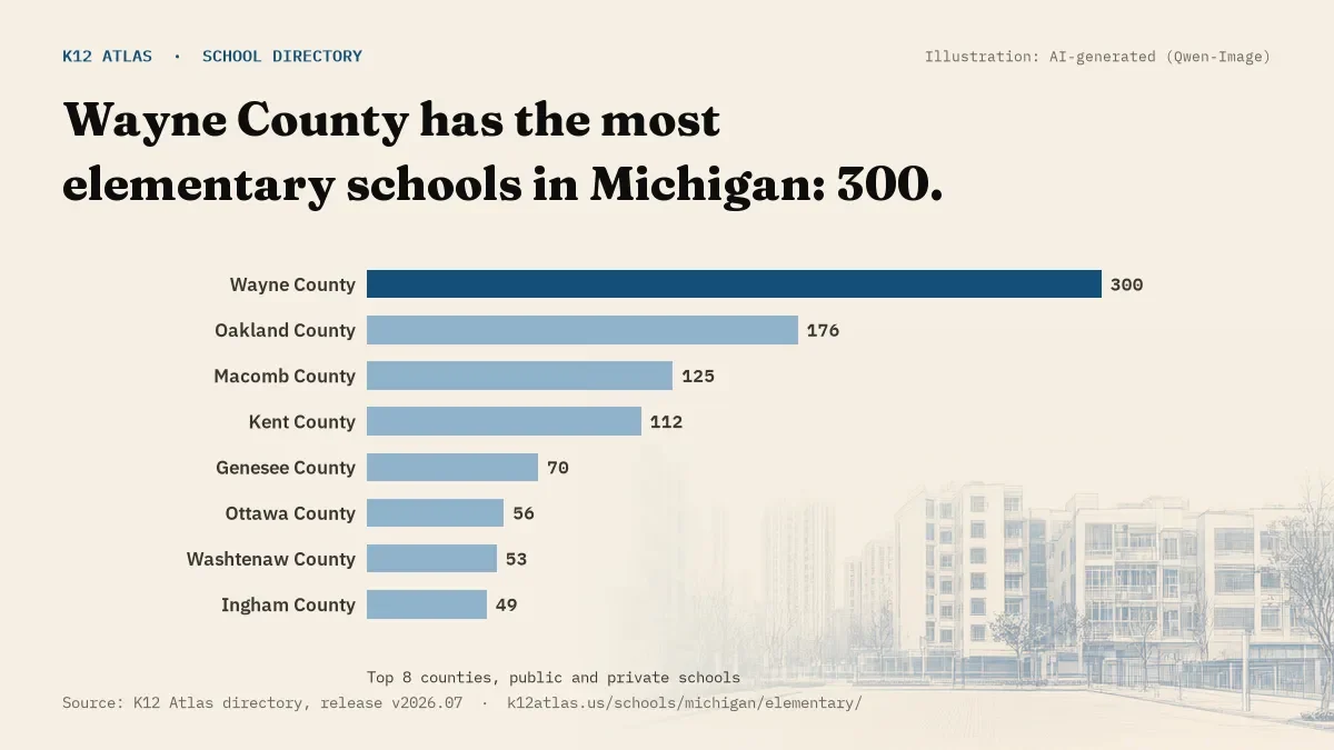Bar chart of Michigan counties by number of elementary schools: Wayne County has the most, 300.