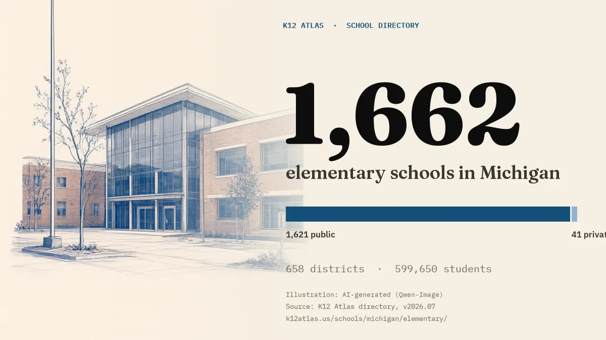 1,662 elementary schools in Michigan: 1,621 public and 41 private, across 658 districts with 599,650 students.