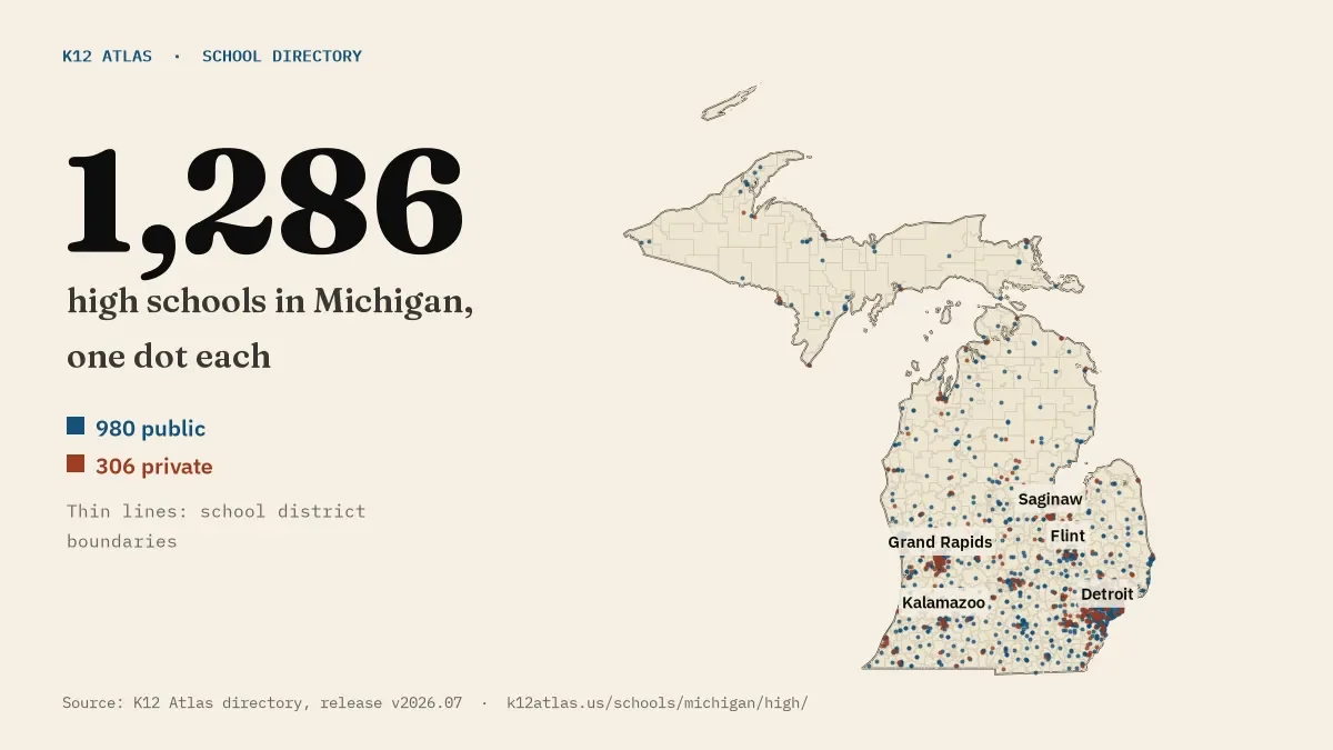 Map of Michigan with one dot for each of its 1,286 mapped high schools, over school district boundaries.
