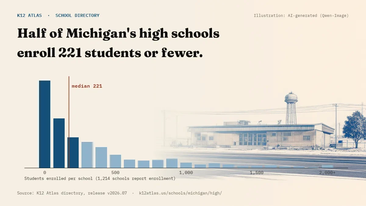 Histogram of enrollment: half of Michigan's high schools enroll 221 students or fewer (1,214 schools report enrollment).