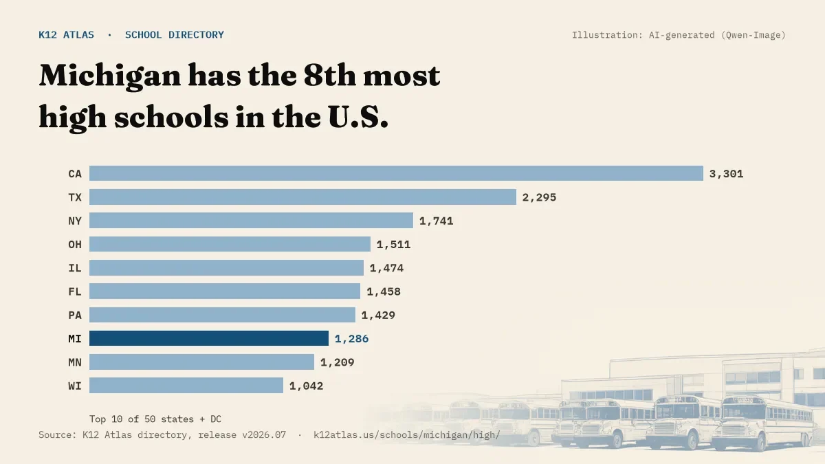 Bar chart of the states with the most high schools: Michigan has the 8th most of the 50 states and DC, with 1,286.
