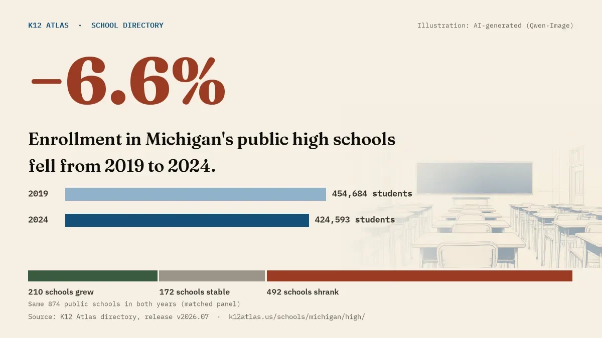 Enrollment in Michigan's public high schools fell 6.6% from 2019 to 2024, 454,684 to 424,593 students in the same 874 schools; 210 grew and 492 shrank.
