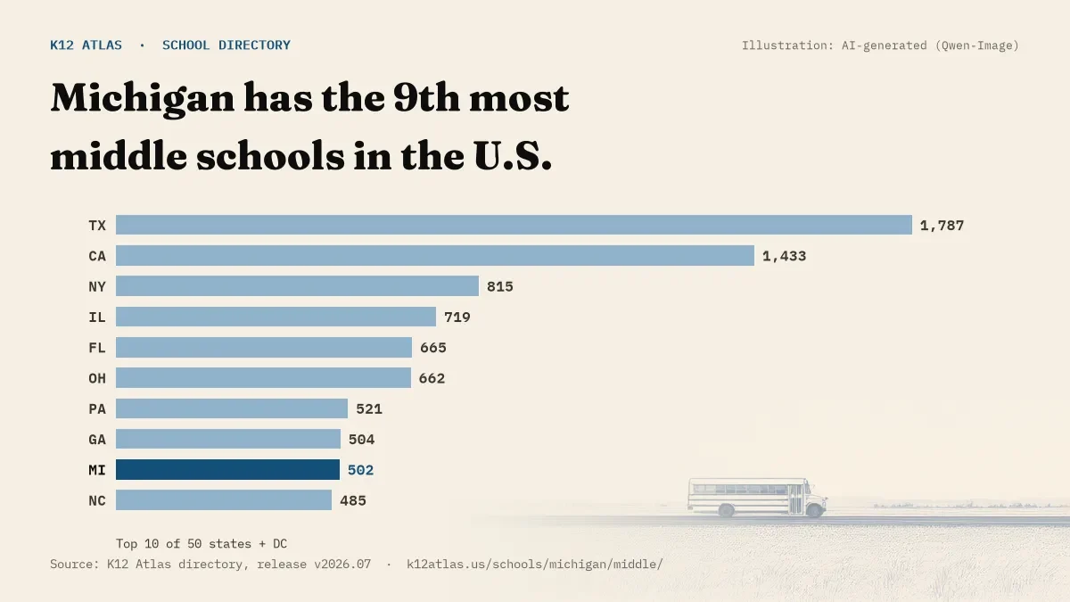 Bar chart of the states with the most middle schools: Michigan has the 9th most of the 50 states and DC, with 502.