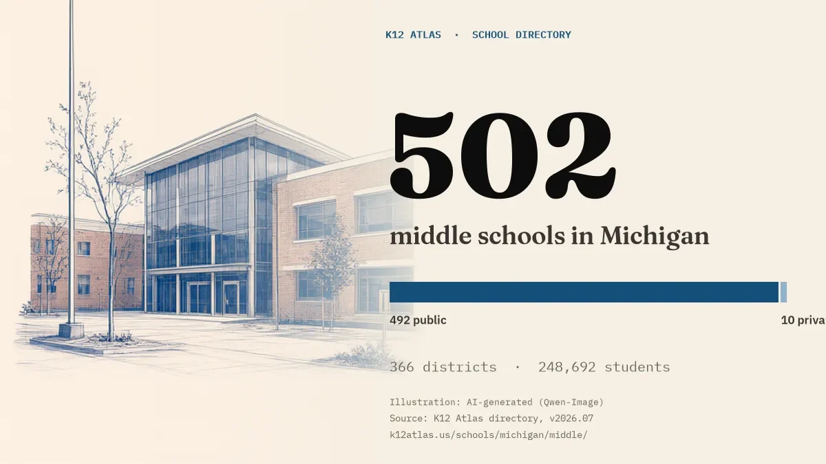 502 middle schools in Michigan: 492 public and 10 private, across 366 districts with 248,692 students.