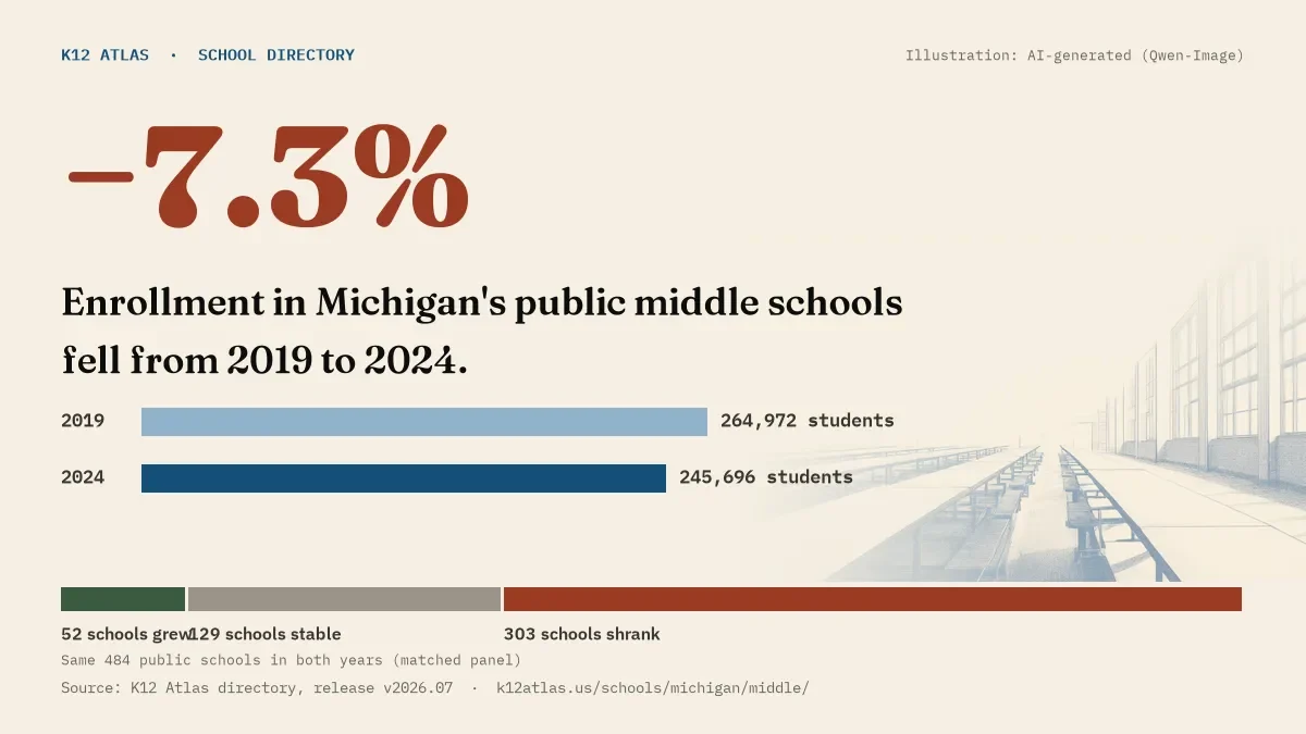 Enrollment in Michigan's public middle schools fell 7.3% from 2019 to 2024, 264,972 to 245,696 students in the same 484 schools; 52 grew and 303 shrank.