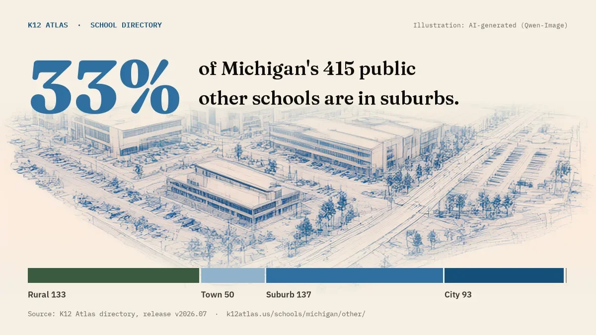 33% of Michigan's 415 public other schools are in suburbs (rural 133, town 50, suburb 137, city 93).