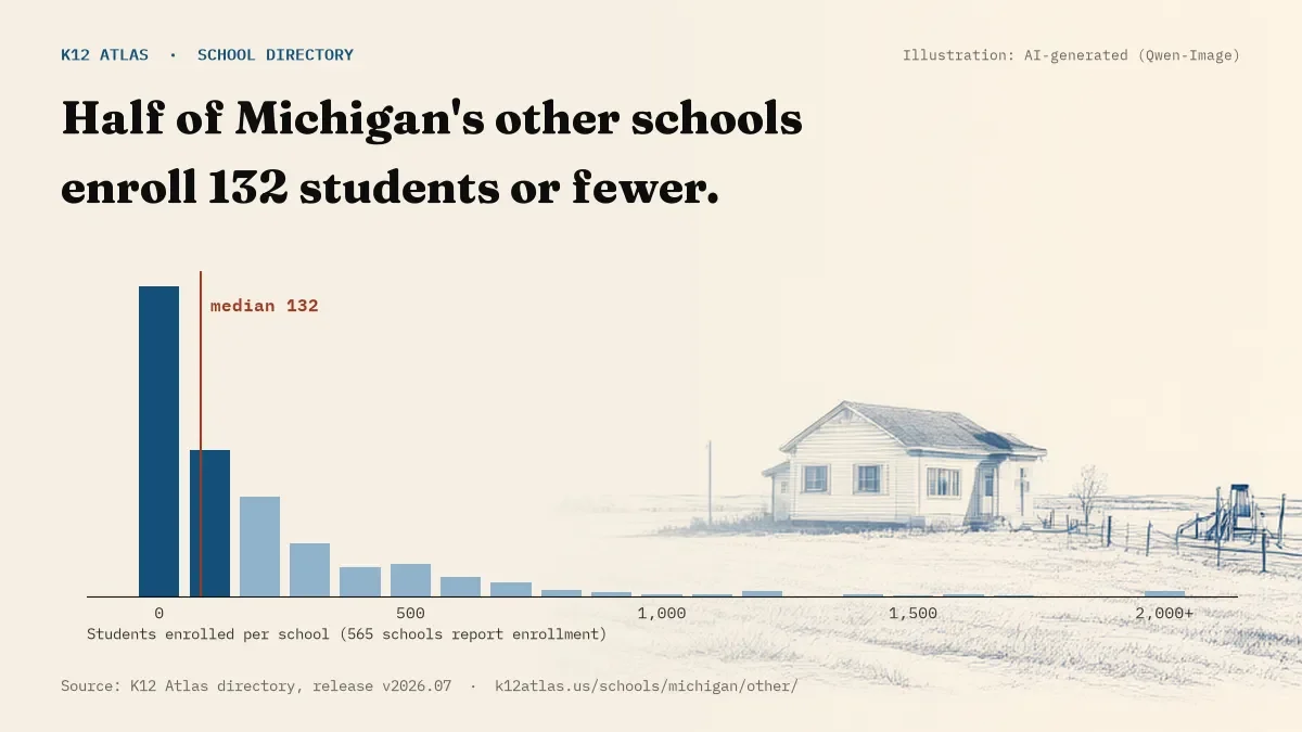 Histogram of enrollment: half of Michigan's other schools enroll 132 students or fewer (565 schools report enrollment).