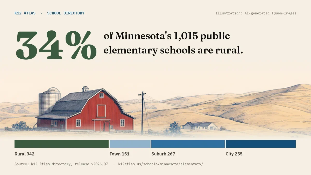 34% of Minnesota's 1,015 public elementary schools are rural (rural 342, town 151, suburb 267, city 255).