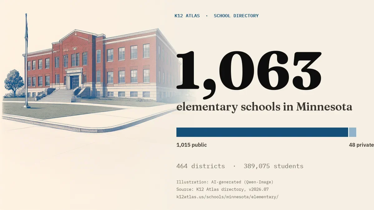 1,063 elementary schools in Minnesota: 1,015 public and 48 private, across 464 districts with 389,075 students.