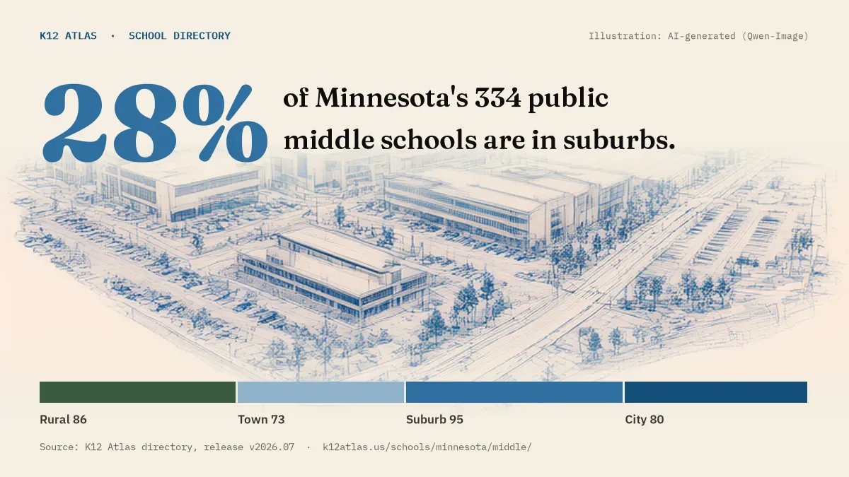 28% of Minnesota's 334 public middle schools are in suburbs (rural 86, town 73, suburb 95, city 80).