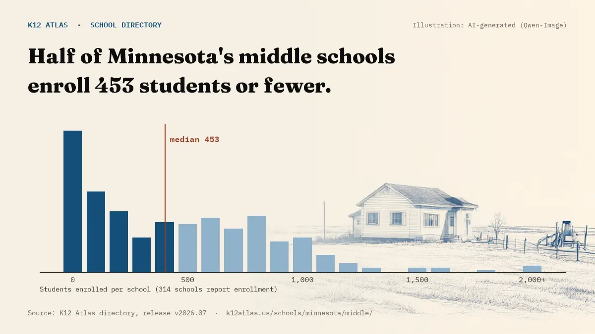 Histogram of enrollment: half of Minnesota's middle schools enroll 453 students or fewer (314 schools report enrollment).