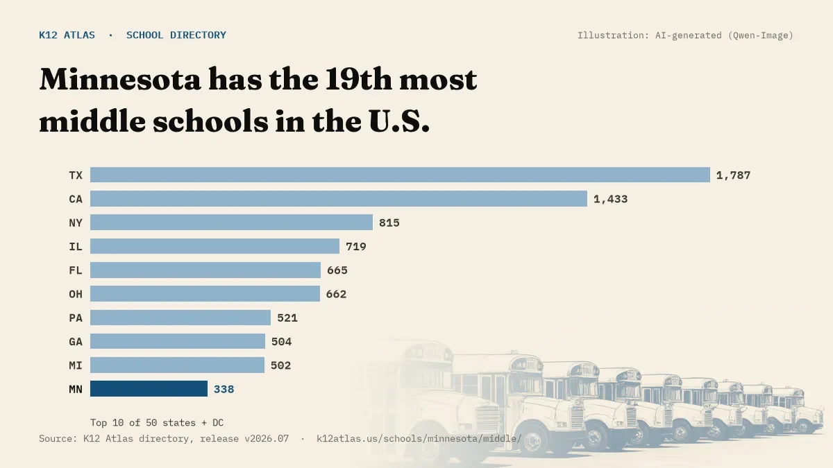 Bar chart of the states with the most middle schools: Minnesota has the 19th most of the 50 states and DC, with 338.