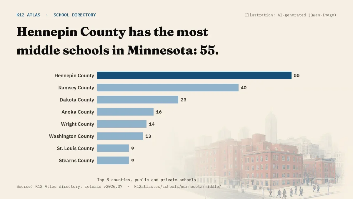 Bar chart of Minnesota counties by number of middle schools: Hennepin County has the most, 55.