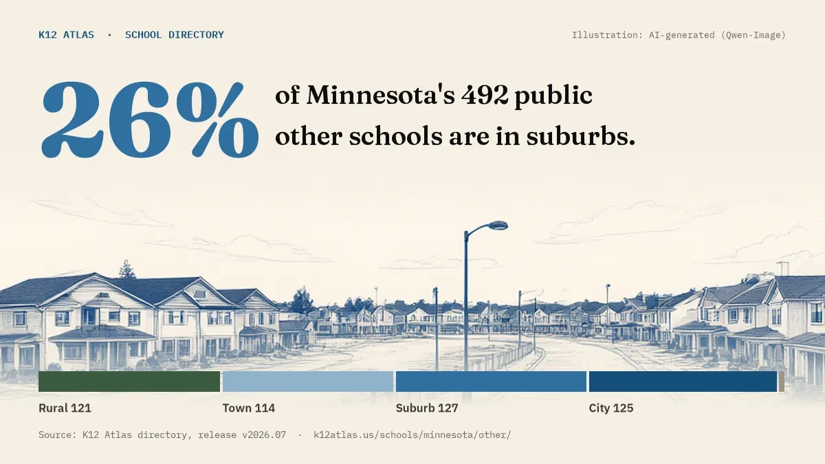 26% of Minnesota's 492 public other schools are in suburbs (rural 121, town 114, suburb 127, city 125).