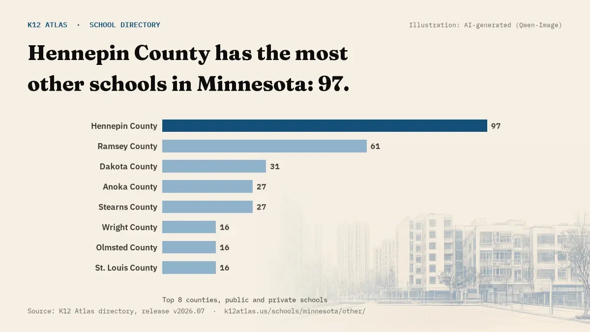 Bar chart of Minnesota counties by number of other schools: Hennepin County has the most, 97.