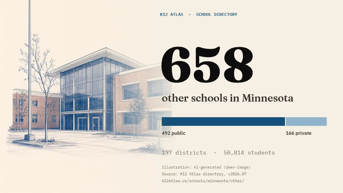 658 other schools in Minnesota: 492 public and 166 private, across 197 districts with 50,814 students.