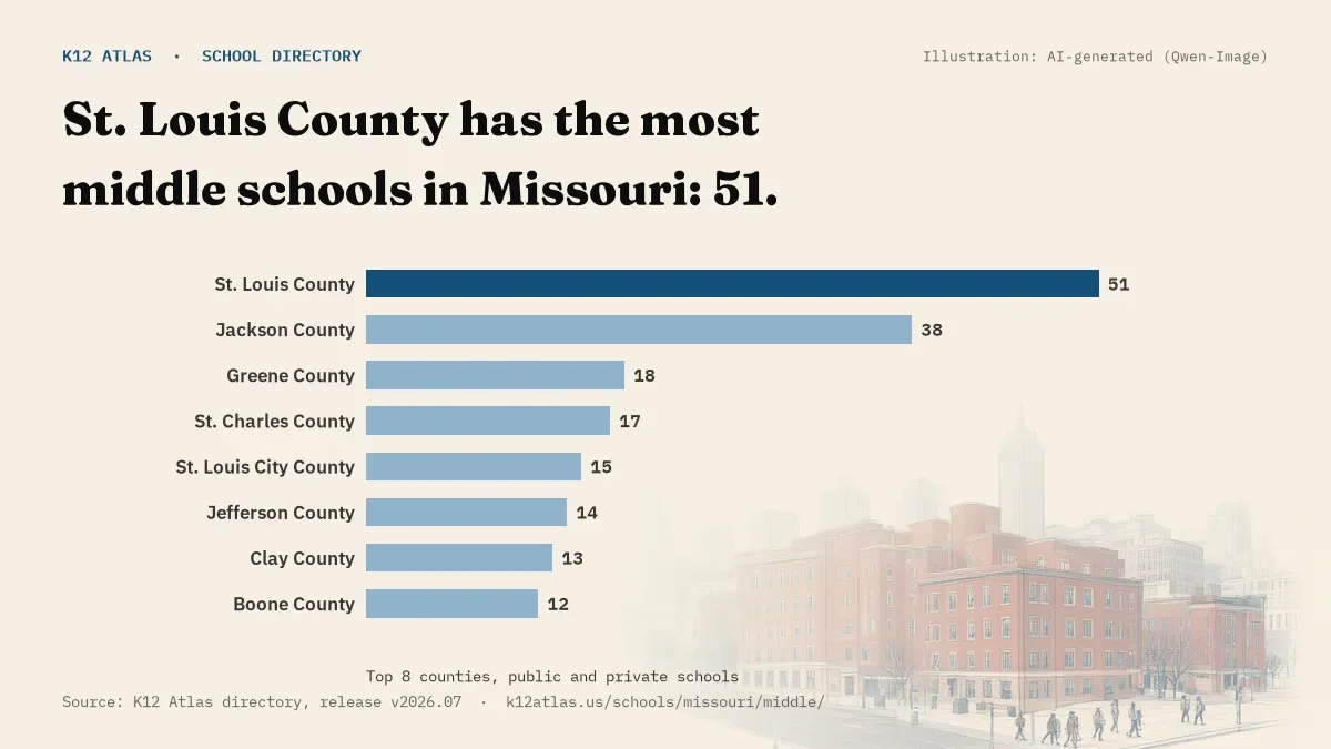 Bar chart of Missouri counties by number of middle schools: St. Louis County has the most, 51.