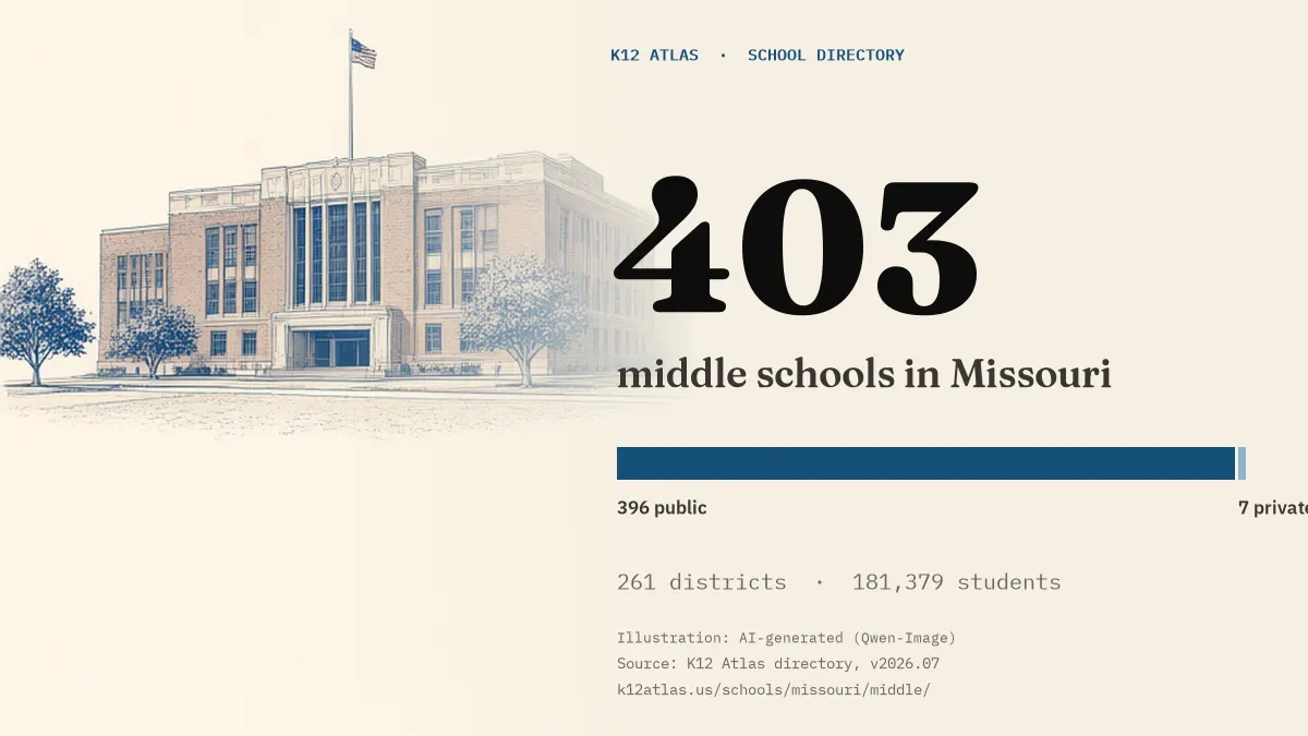 403 middle schools in Missouri: 396 public and 7 private, across 261 districts with 181,379 students.