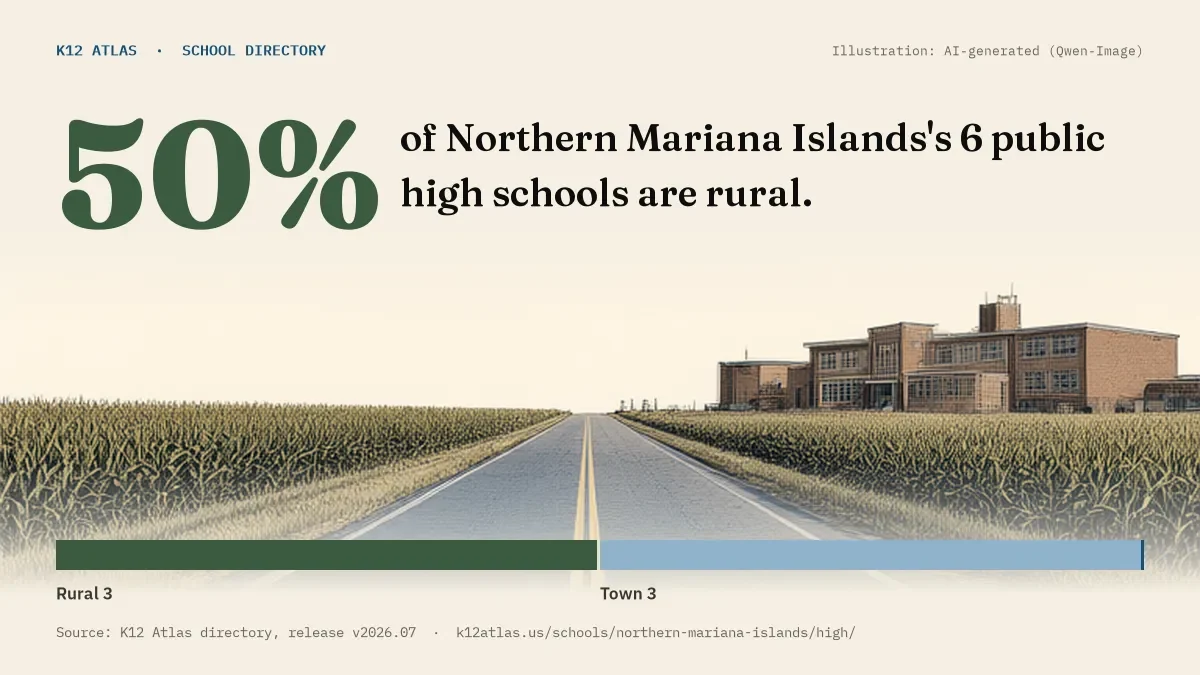 50% of Northern Mariana Islands's 6 public high schools are rural (rural 3, town 3, suburb 0, city 0).