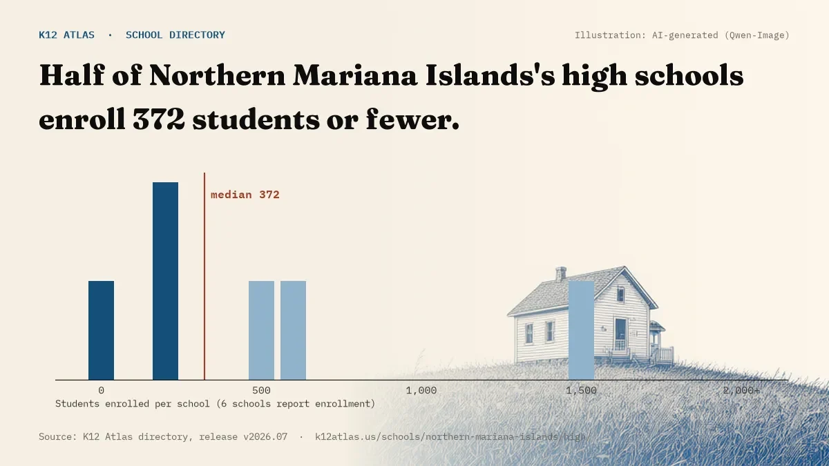 Histogram of enrollment: half of Northern Mariana Islands's high schools enroll 372 students or fewer (6 schools report enrollment).