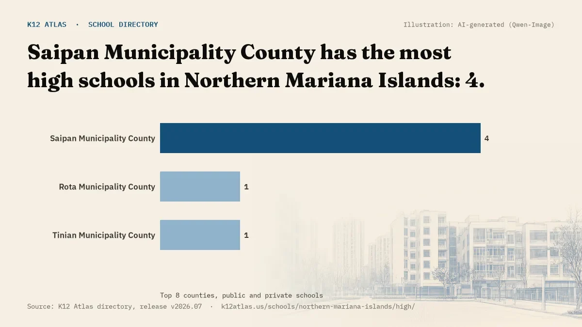 Bar chart of Northern Mariana Islands counties by number of high schools: Saipan Municipality County has the most, 4.