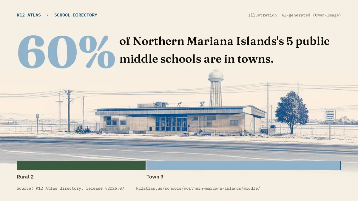 60% of Northern Mariana Islands's 5 public middle schools are in towns (rural 2, town 3, suburb 0, city 0).