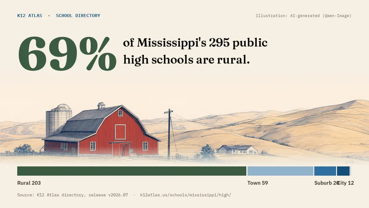 69% of Mississippi's 295 public high schools are rural (rural 203, town 59, suburb 20, city 12).
