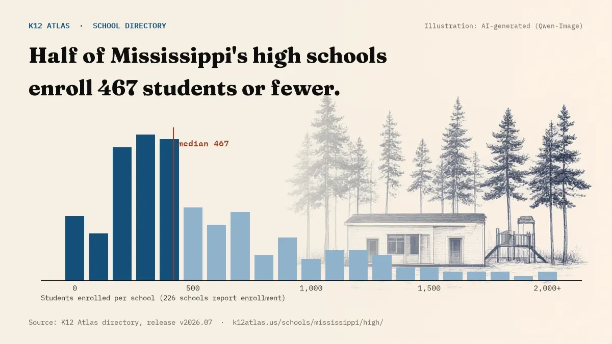 Histogram of enrollment: half of Mississippi's high schools enroll 467 students or fewer (226 schools report enrollment).