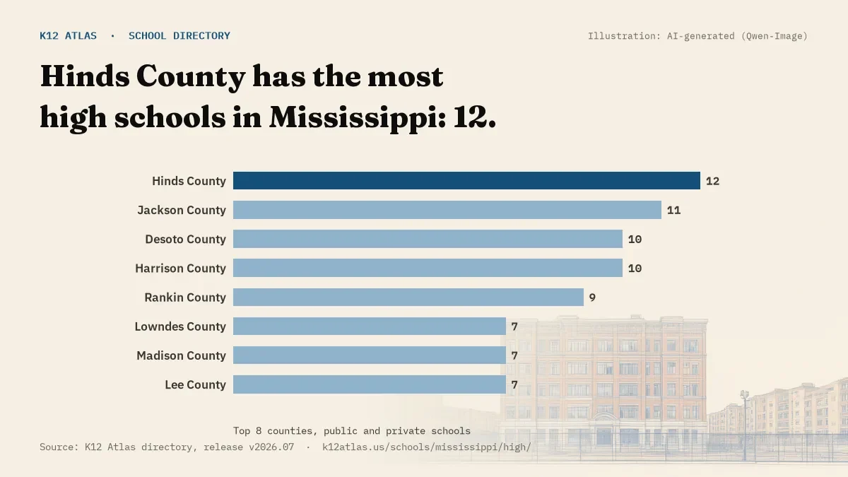 Bar chart of Mississippi counties by number of high schools: Hinds County has the most, 12.