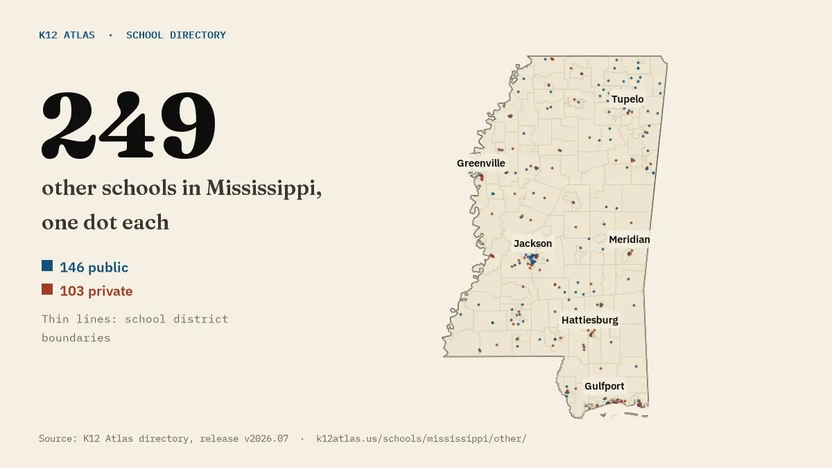Map of Mississippi with one dot for each of its 249 mapped other schools, over school district boundaries.