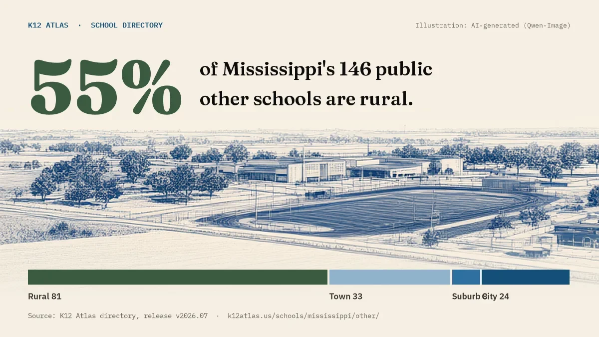 55% of Mississippi's 146 public other schools are rural (rural 81, town 33, suburb 8, city 24).