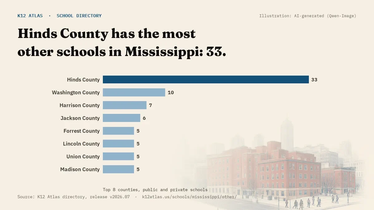 Bar chart of Mississippi counties by number of other schools: Hinds County has the most, 33.