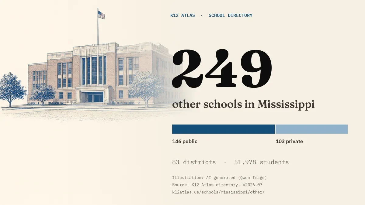 249 other schools in Mississippi: 146 public and 103 private, across 83 districts with 51,978 students.