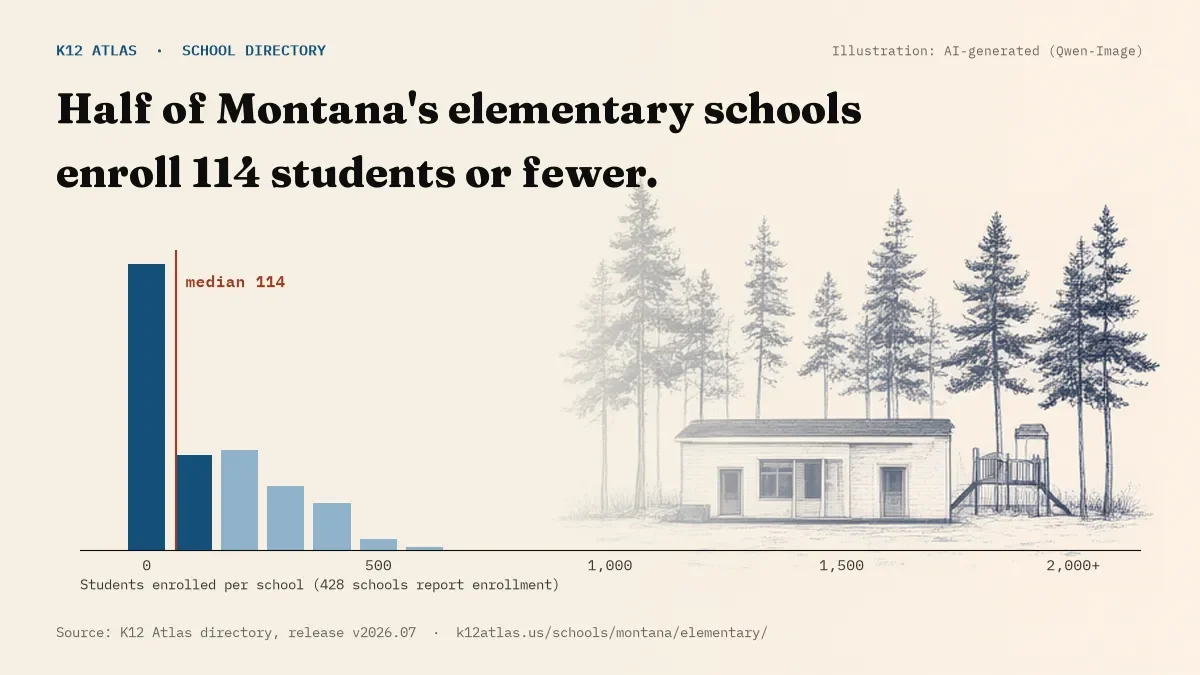 Histogram of enrollment: half of Montana's elementary schools enroll 114 students or fewer (428 schools report enrollment).