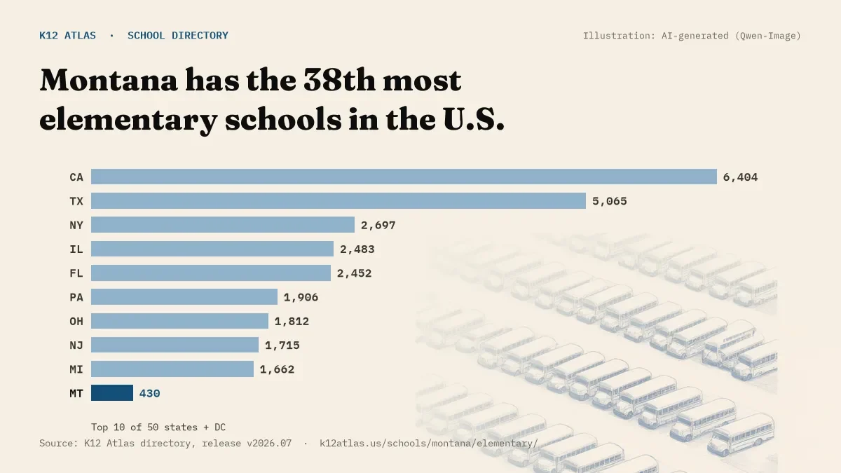 Bar chart of the states with the most elementary schools: Montana has the 38th most of the 50 states and DC, with 430.