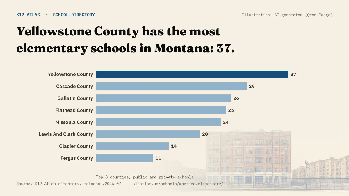 Bar chart of Montana counties by number of elementary schools: Yellowstone County has the most, 37.