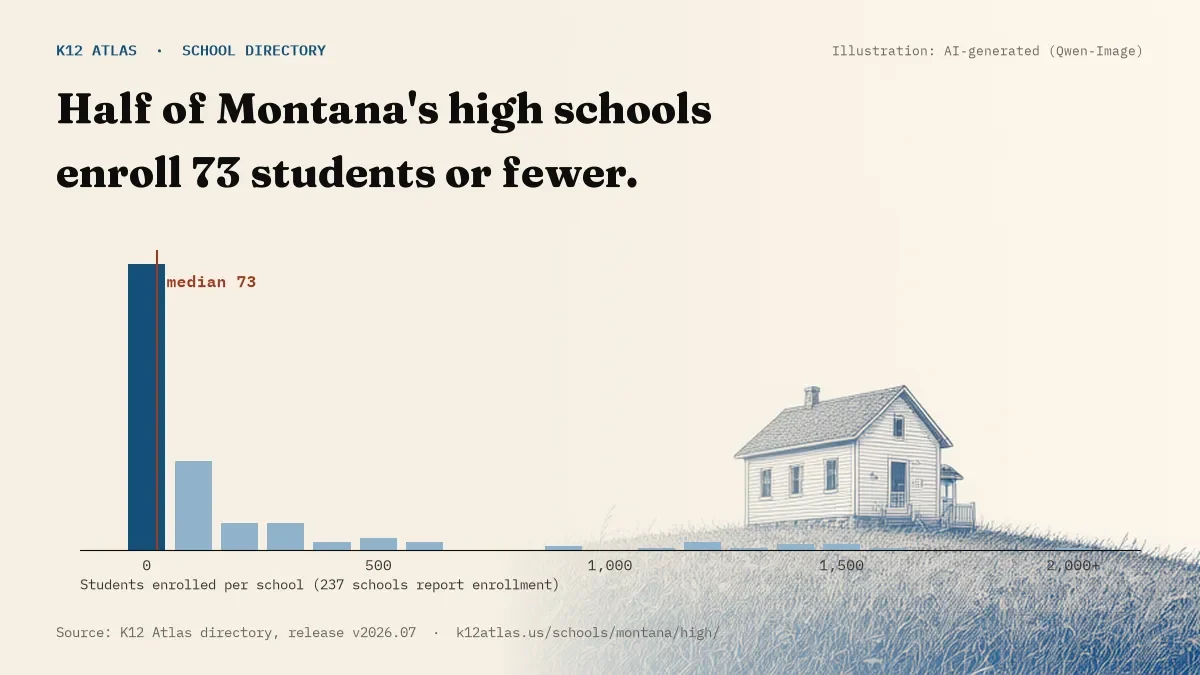 Histogram of enrollment: half of Montana's high schools enroll 73 students or fewer (237 schools report enrollment).