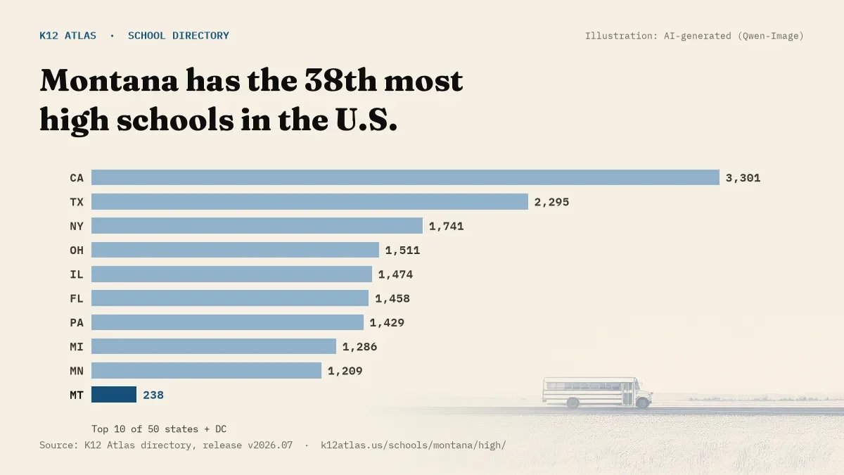 Bar chart of the states with the most high schools: Montana has the 38th most of the 50 states and DC, with 238.