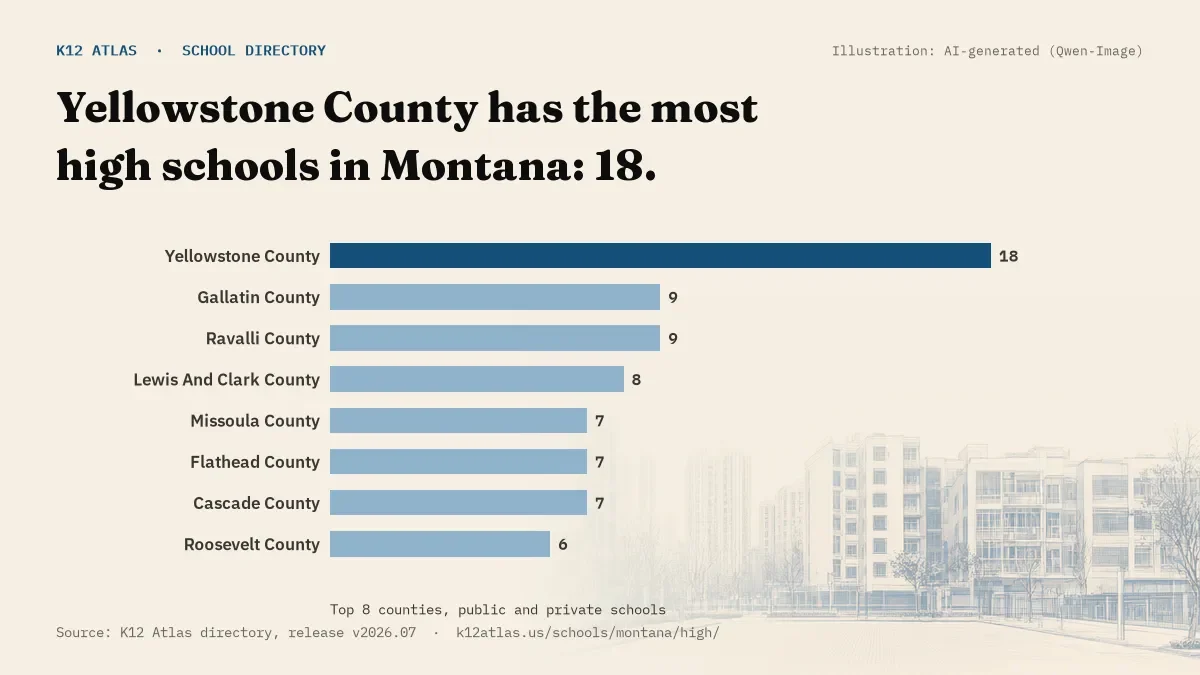 Bar chart of Montana counties by number of high schools: Yellowstone County has the most, 18.