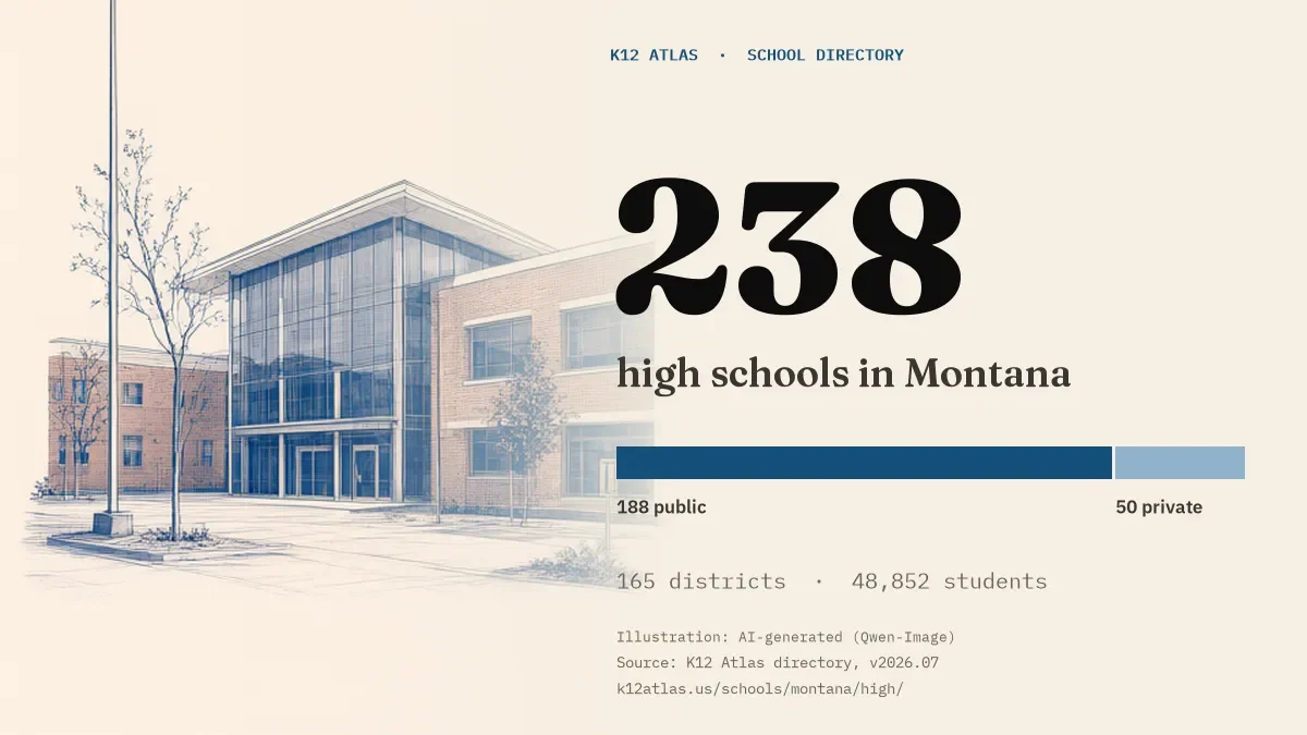 238 high schools in Montana: 188 public and 50 private, across 165 districts with 48,852 students.
