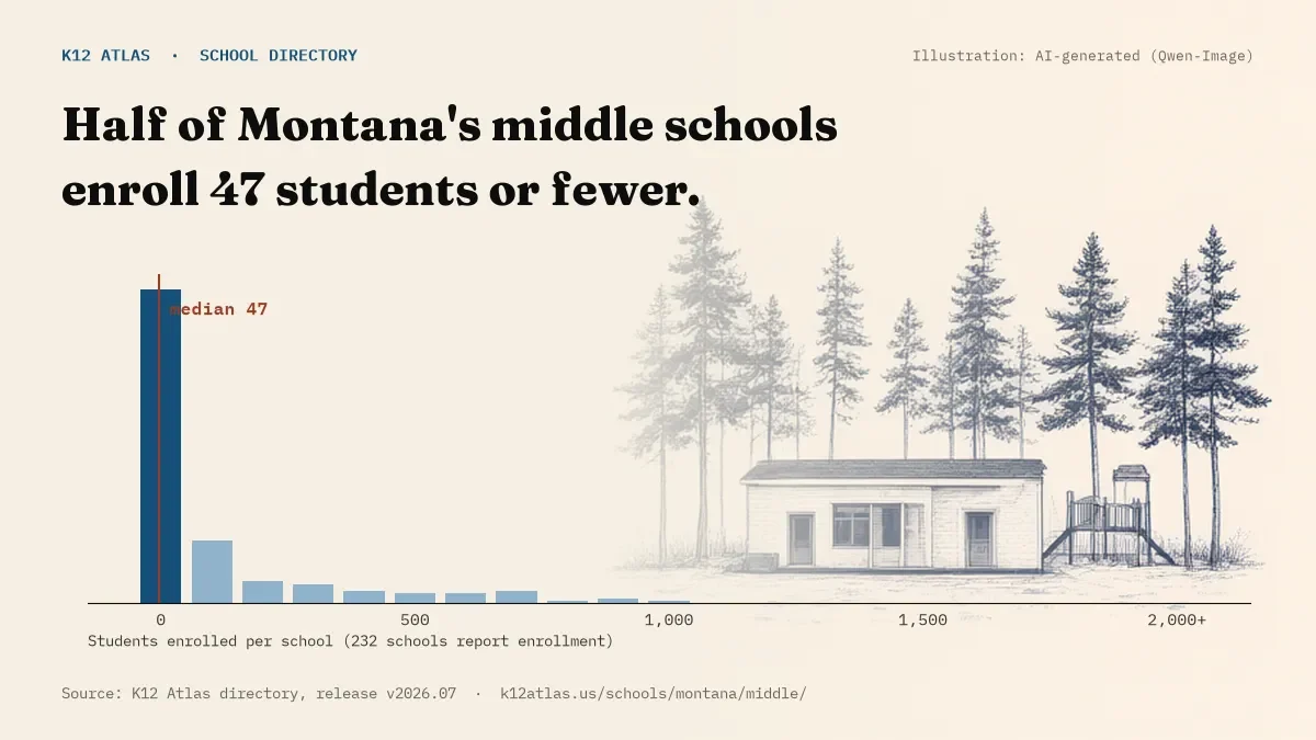 Histogram of enrollment: half of Montana's middle schools enroll 47 students or fewer (232 schools report enrollment).