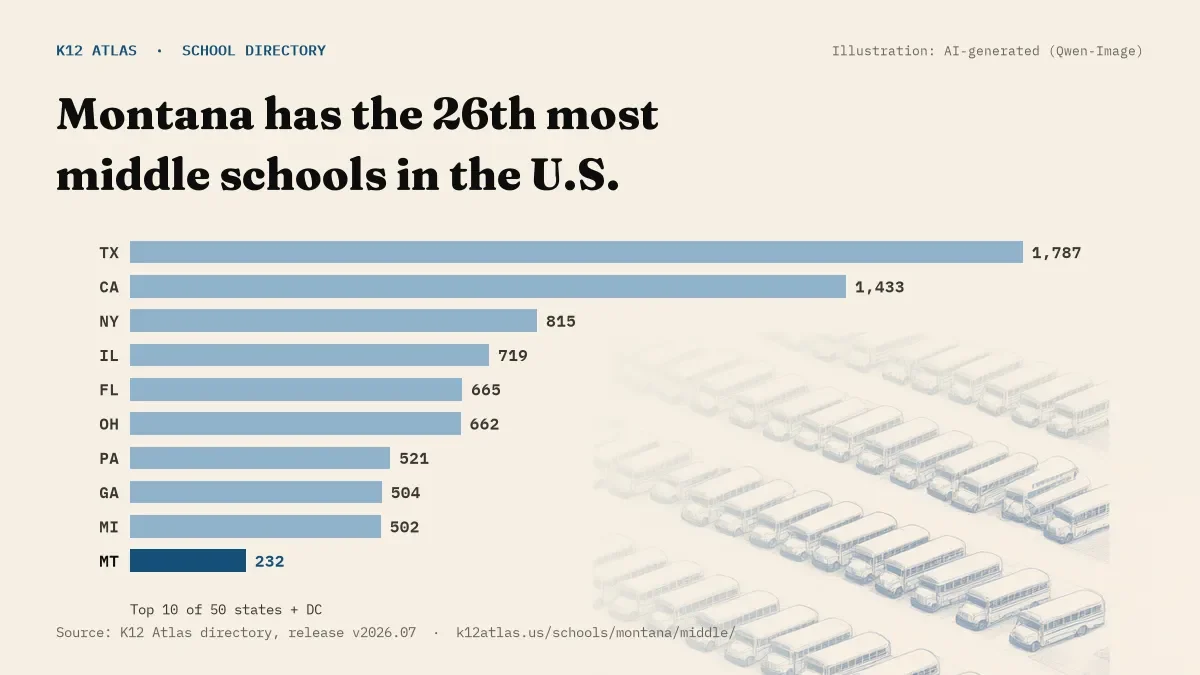 Bar chart of the states with the most middle schools: Montana has the 26th most of the 50 states and DC, with 232.