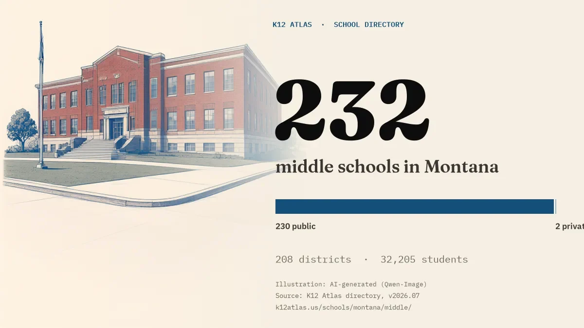 232 middle schools in Montana: 230 public and 2 private, across 208 districts with 32,205 students.