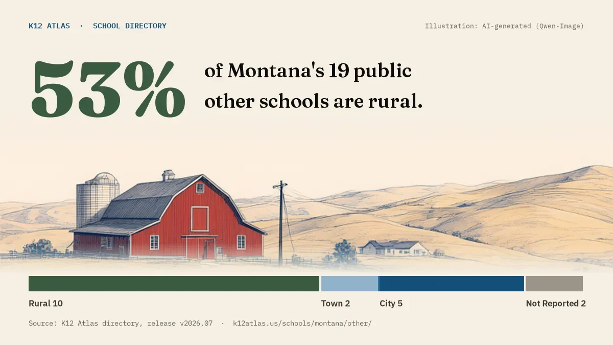 53% of Montana's 19 public other schools are rural (rural 10, town 2, suburb 0, city 5).