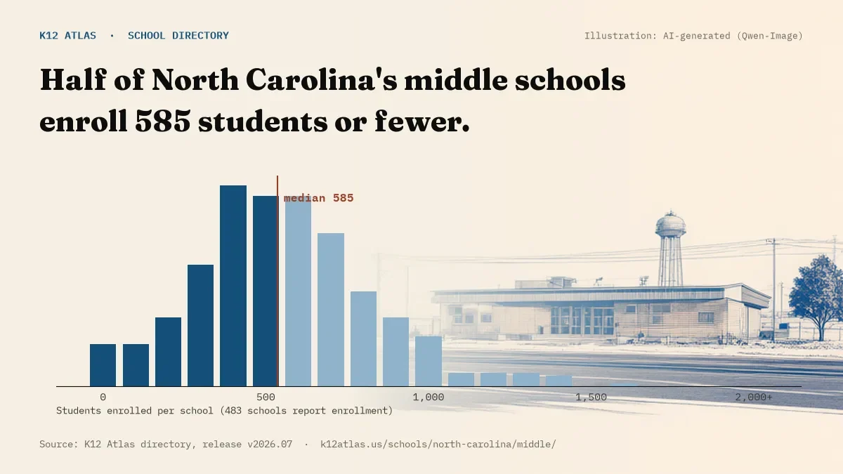 Histogram of enrollment: half of North Carolina's middle schools enroll 585 students or fewer (483 schools report enrollment).
