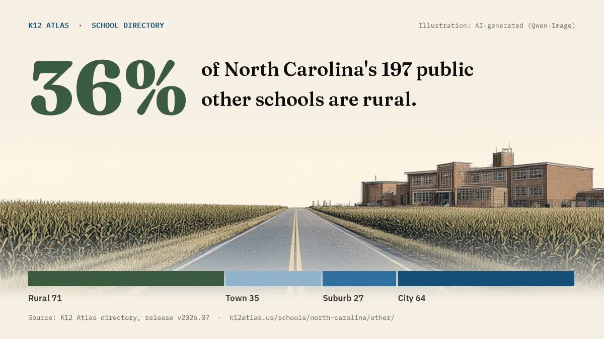 36% of North Carolina's 197 public other schools are rural (rural 71, town 35, suburb 27, city 64).