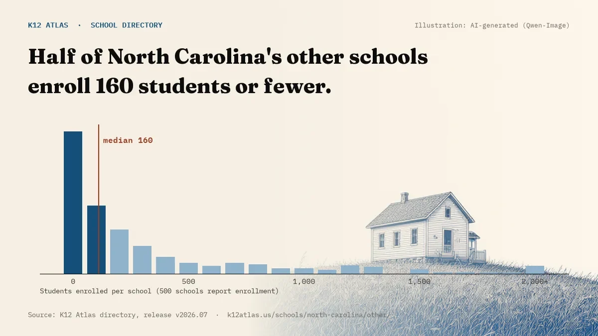 Histogram of enrollment: half of North Carolina's other schools enroll 160 students or fewer (500 schools report enrollment).
